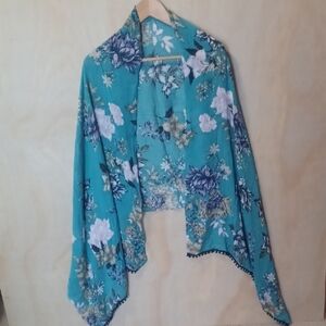 Floral Teal Shawl with Fringe